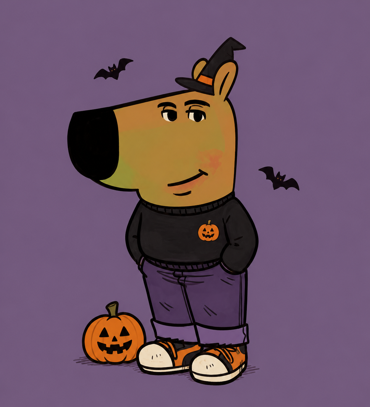 A relaxed spooky character with a pumpkin and bats